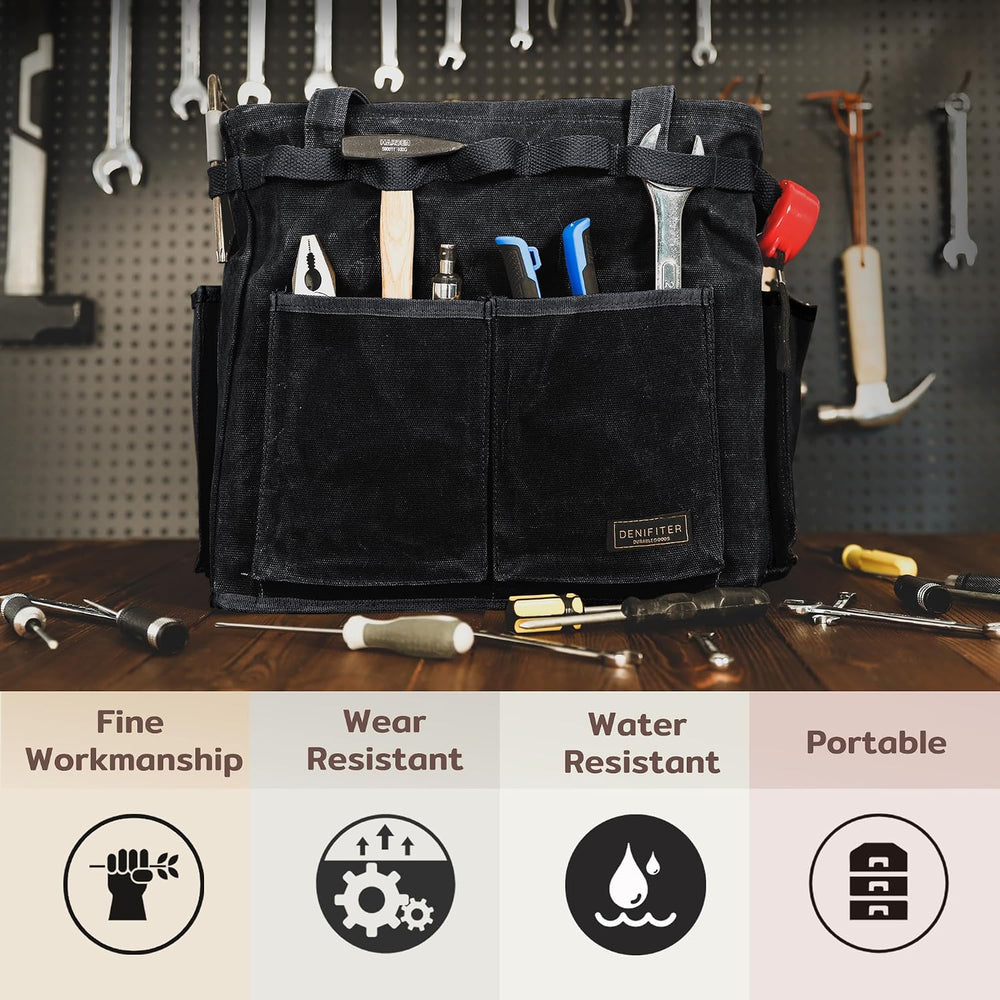 Durable Waxed Canvas Tool Tote Bag, Foldable Open Top Organizer with Metal Fr...