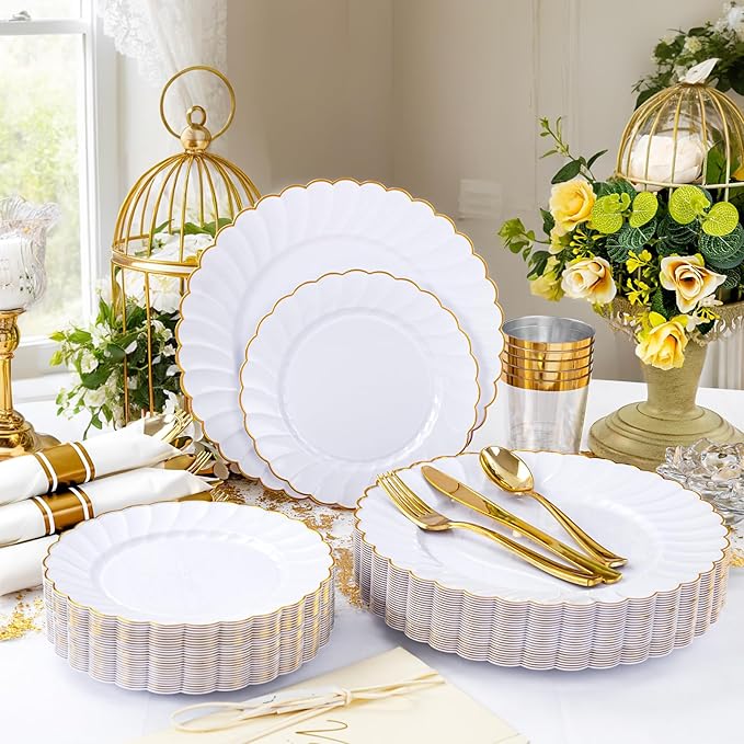YOUBET 350PCS Gold Scalloped Plastic Plates - White and Gold Disposable Dinnerware Set Include 100 Plates, 150 Gold Silverware, 50 Cups, 50 Napkins for Wedding & Party & Thanksgiving