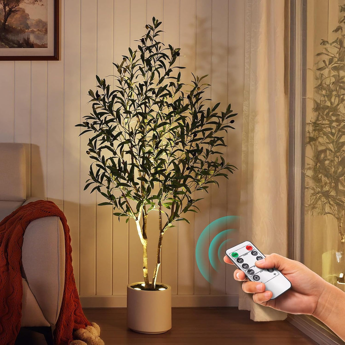 VeriNatural 5ft Olive Trees Artificial Indoor with Remote LED Spotlights