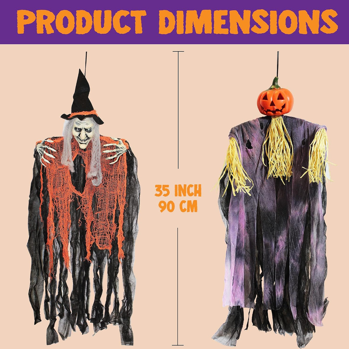 JOYIN 3 Pack 35” Hanging Ghosts Witch Pumpkin Decor Hanging Halloween Decorations Outdoor Halloween Decor, Scary Flying Witch Grim Reapers Haunted House Front Porch Decor Yard Garden Lawn Party
