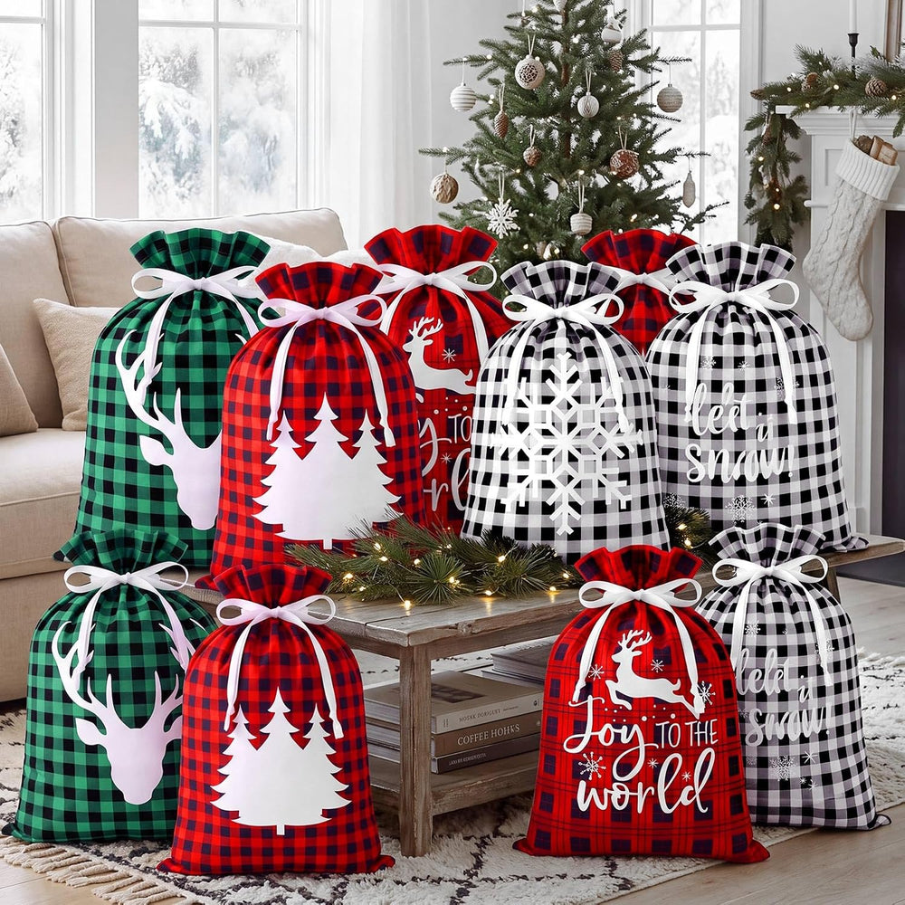 Windyun 16 Pcs Christmas Drawstring Bag Santa Sack Bag Buffalo Plaid 12x16