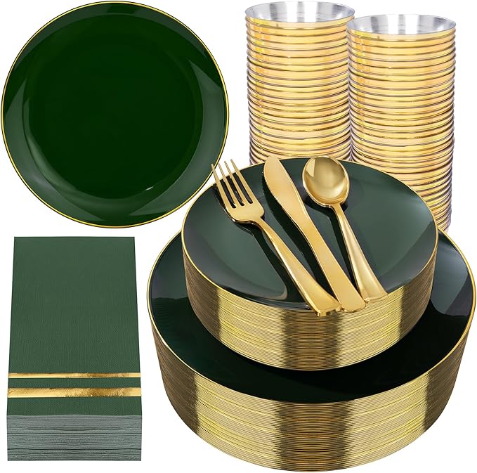 NOCCUR 350PCS Green Plastic Plates - Disposable Green Gold Dinnerware Set for 50 Guests, 100 Dinner/Dessert Plates, 150 Gold Silverware, 50 Cups&50 Napkins for Party/Wedding/Birthday/Christmas
