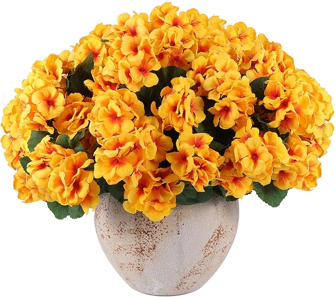 Hananona Artificial Geranium Flowers for Outdoors Geranium Silk Flowers Outdoor UV Resistant Garden Plants Faux Flowers for Home Kitchen Table Centerpieces Decor (12, Yellow) (12 Pcs)