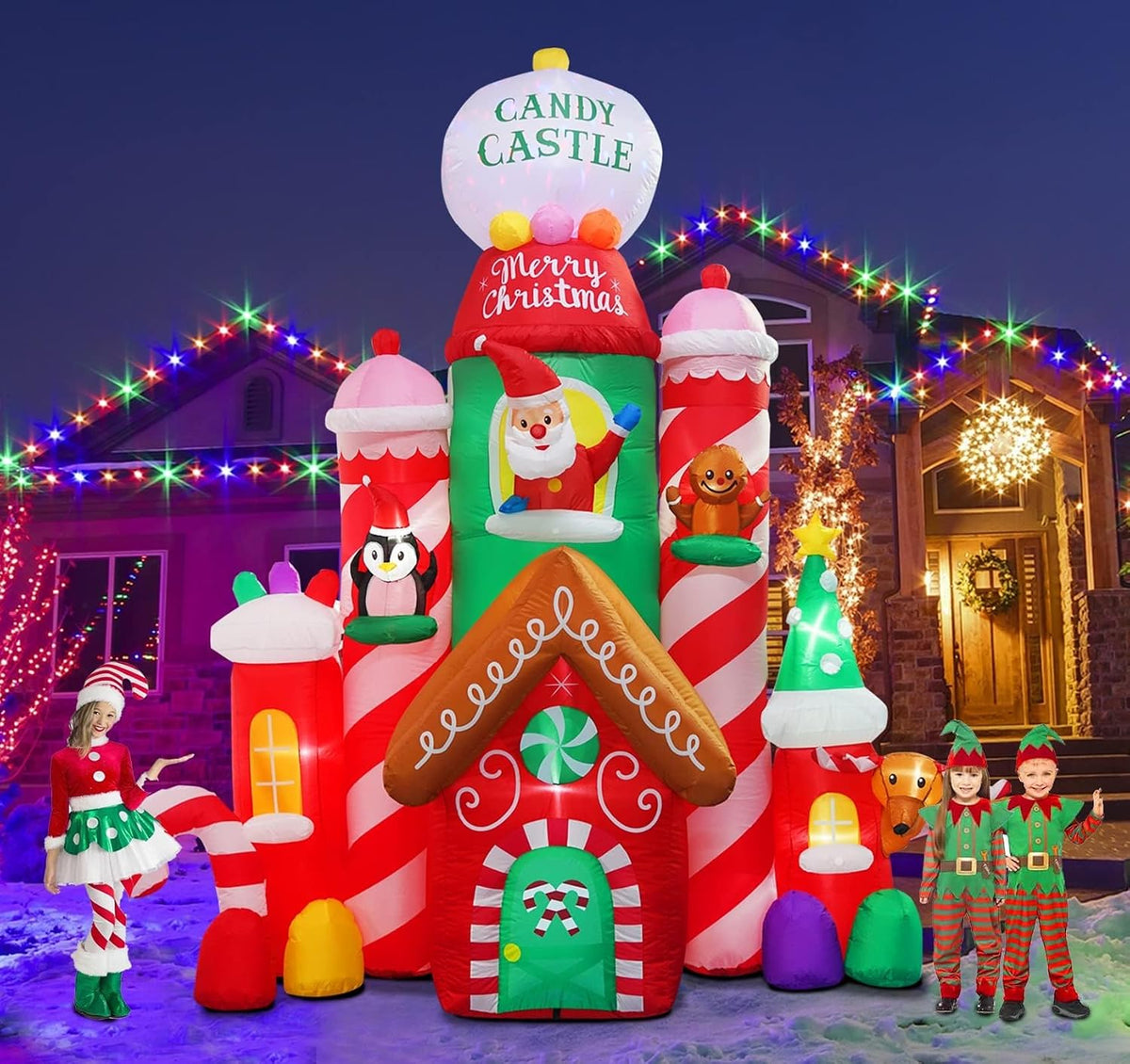 [Flash Light] 10FT Tall Christmas Inflatable Outdoor Decoration Candy Castle with Santa Gingerbread and Penguin, Christmas Blow Up Candy Castle Inflatables for Xmas Outdoor Decorations