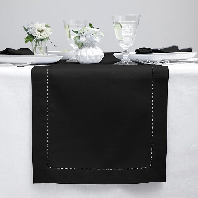 Solino Home Linen Black Table Runner 120 Inches Long - 100% Pure Linen 14 x 120 Inch Table Runner for Fall, Autumn, Halloween, Thanksgiving, Holiday - Classic Hemstitch