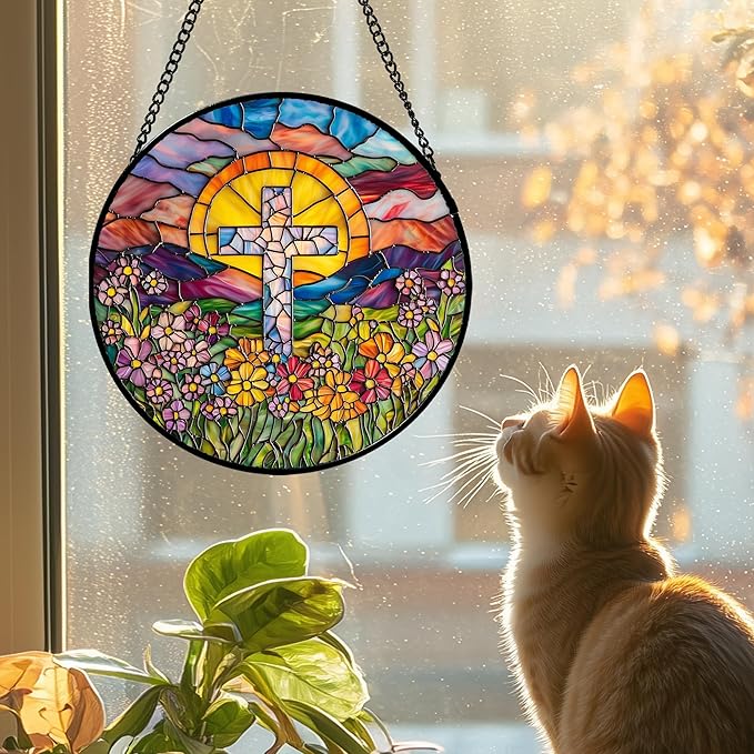 Stained Glass Window Hanging - Cross Flower Sea Sun Catcher for Door Terrace Garden Home Decor, Mountains Landscape Suncatcher Birthday Gifts for Lovers Women Men Dad Mom Nana 15 in