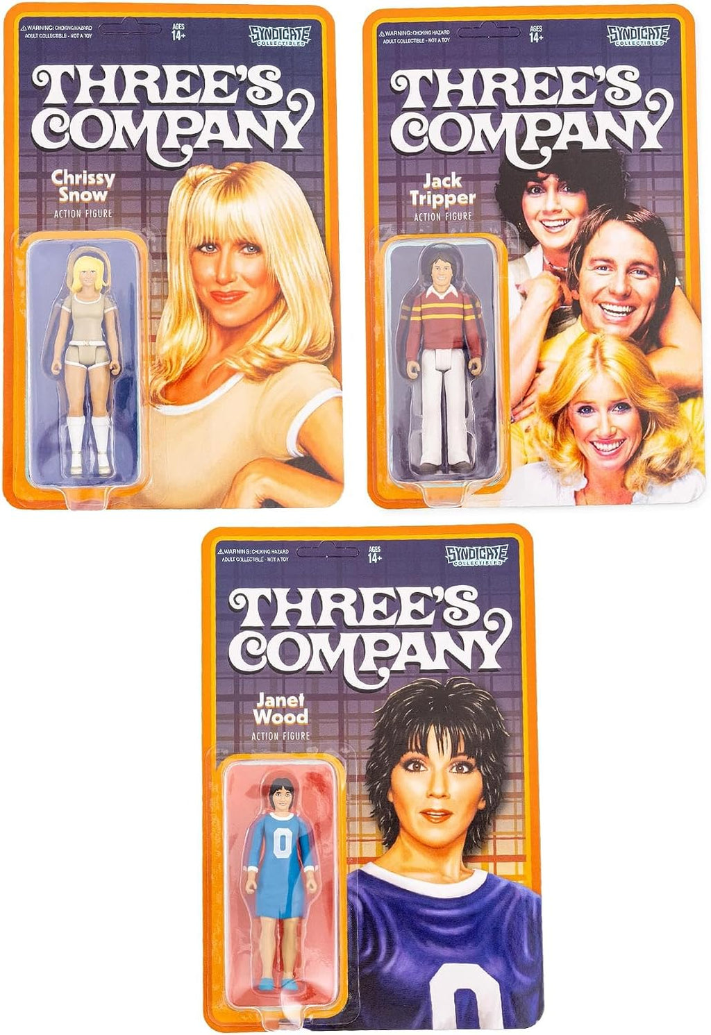 three's company 3.75-inch retro action figures | set, close-up detail