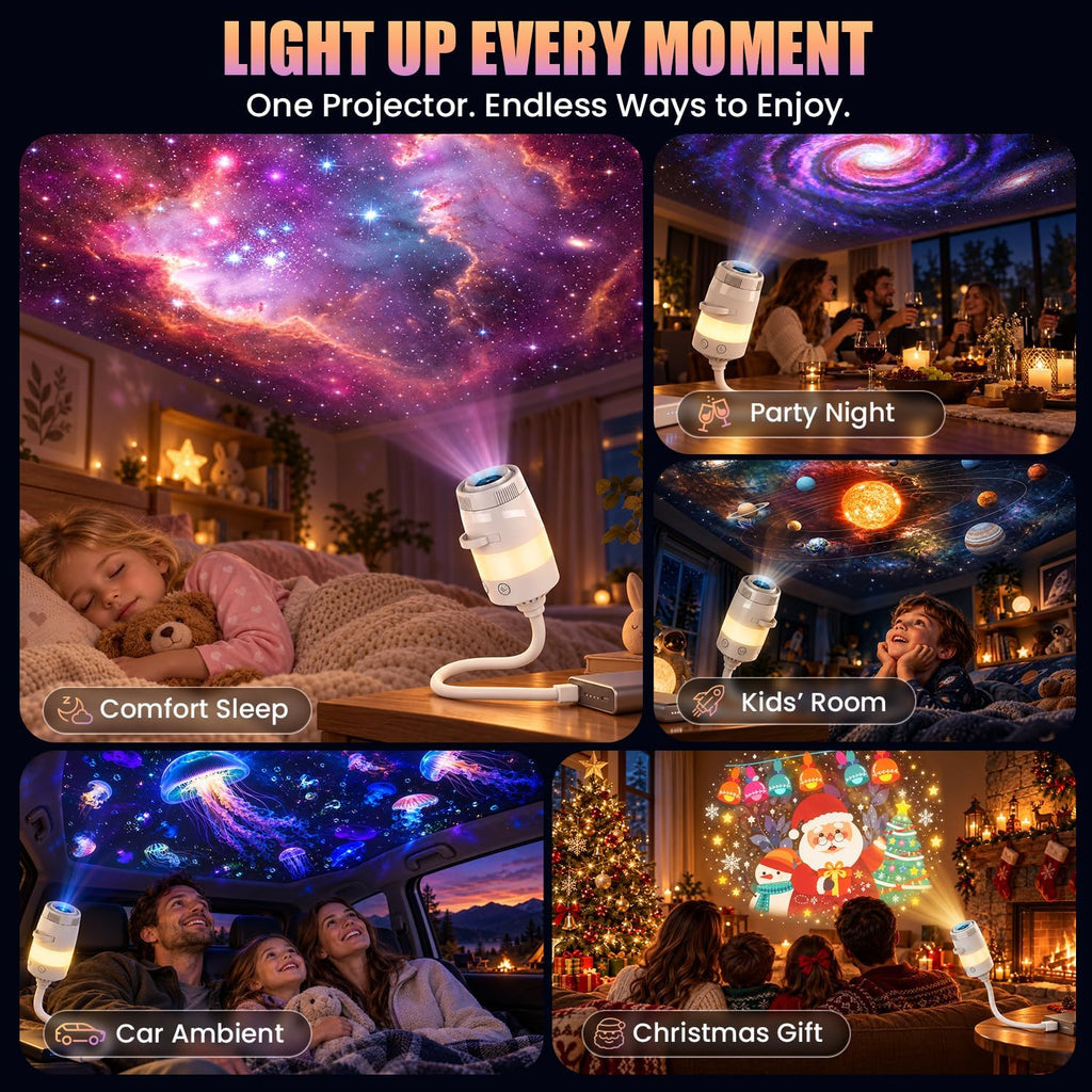 2-in-1 galaxy projector night light with 20 films, front angle view