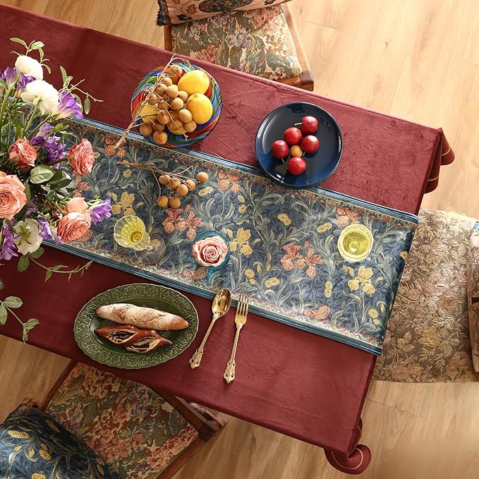 patdrea Designer Casual Wild Floral Velvet Table Runner 118 Inch Long, Dark Blue Occult Bouquets Pattern Table Mat, Decoration for Kitchen Dining Coffee Table Cabinet Banquet Thanksgiving,12"*118"