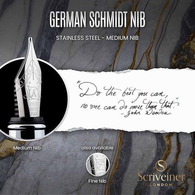 Scriveiner Personalized Midnight Blue Pen - Stunning Blue Lacquer Luxury Pen, Chrome Finish, German Schmidt Nib (Medium), Best Engraved Fountain Pen Gift Set for Men & Women, Name Engraving