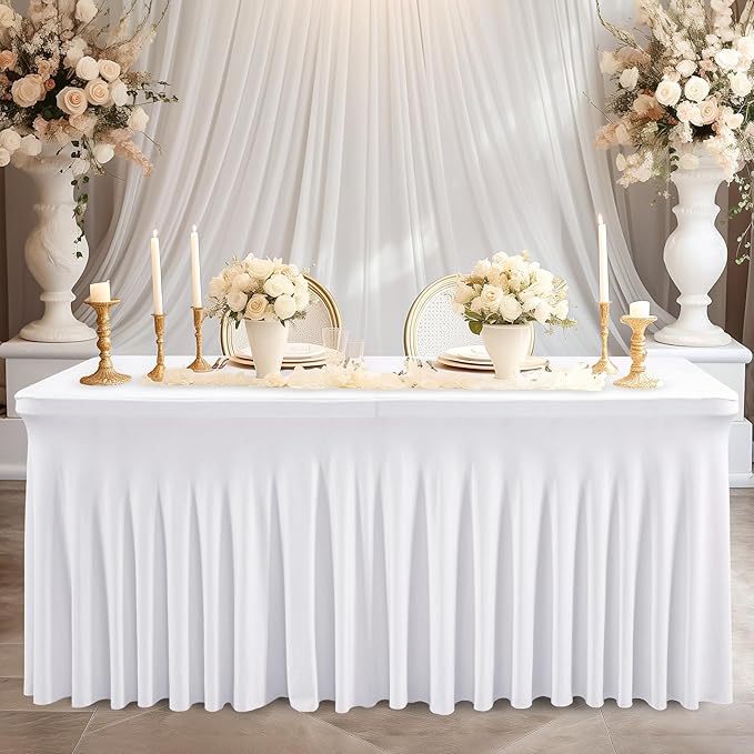 6 Pack White Spandex Table Clothes for 8 Foot Rectangle Tables, 8FT Wrinkle Free Fitted Tablecloths Ruffles Design Table Cover for Party, Banquet, Wedding and Events