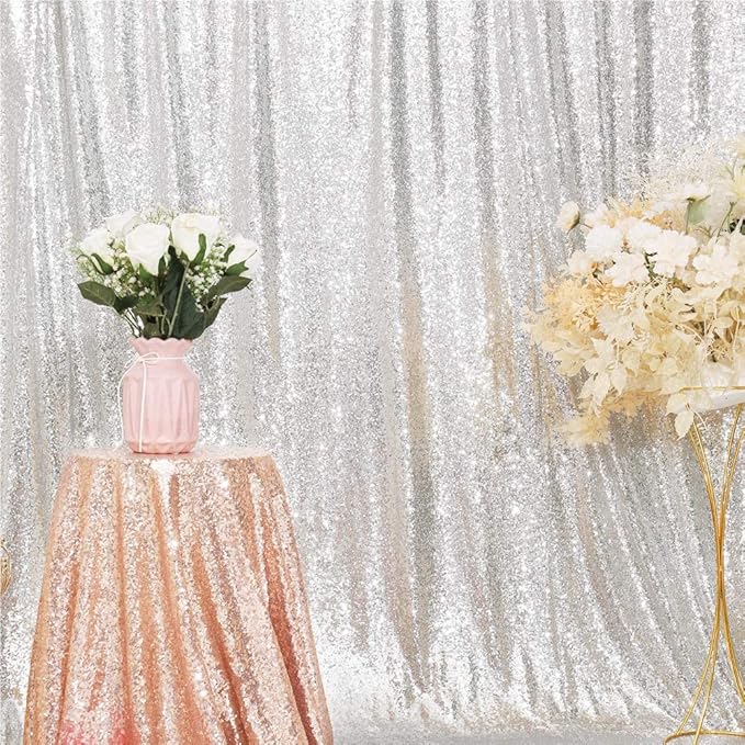 Eternal Beauty Silver Sequin Backdrop, 8x10 Ft Glitter Background Curtains for Shimmer Photography Party Wedding Birthday Back Drop Decor