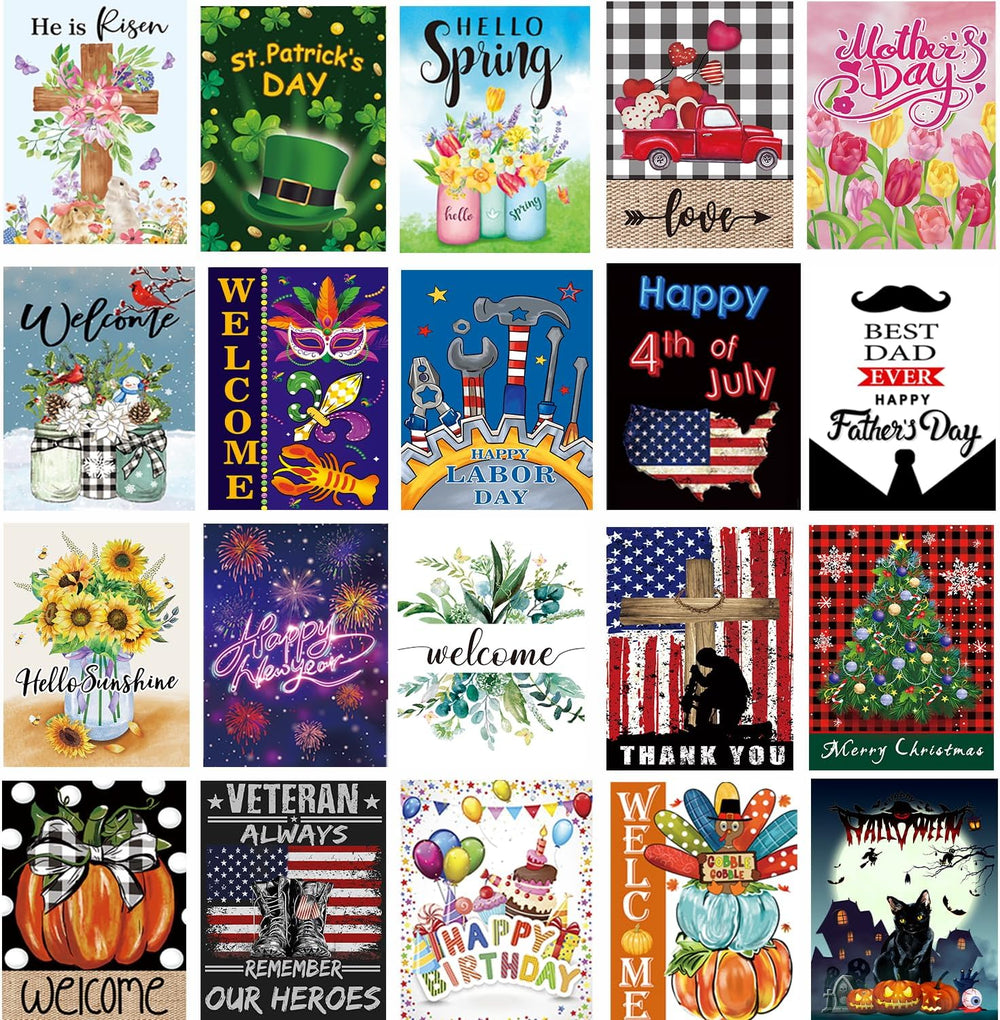 Seasonal Garden Flag Set of 20 - Double Sided 12 x 18 Inch Small Yard Flags