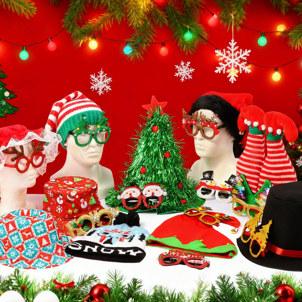 20pcs Christmas Hats and Glasses Set, 10pcs Xmas Hats, 10pcs Xmas Glasses, Cr...