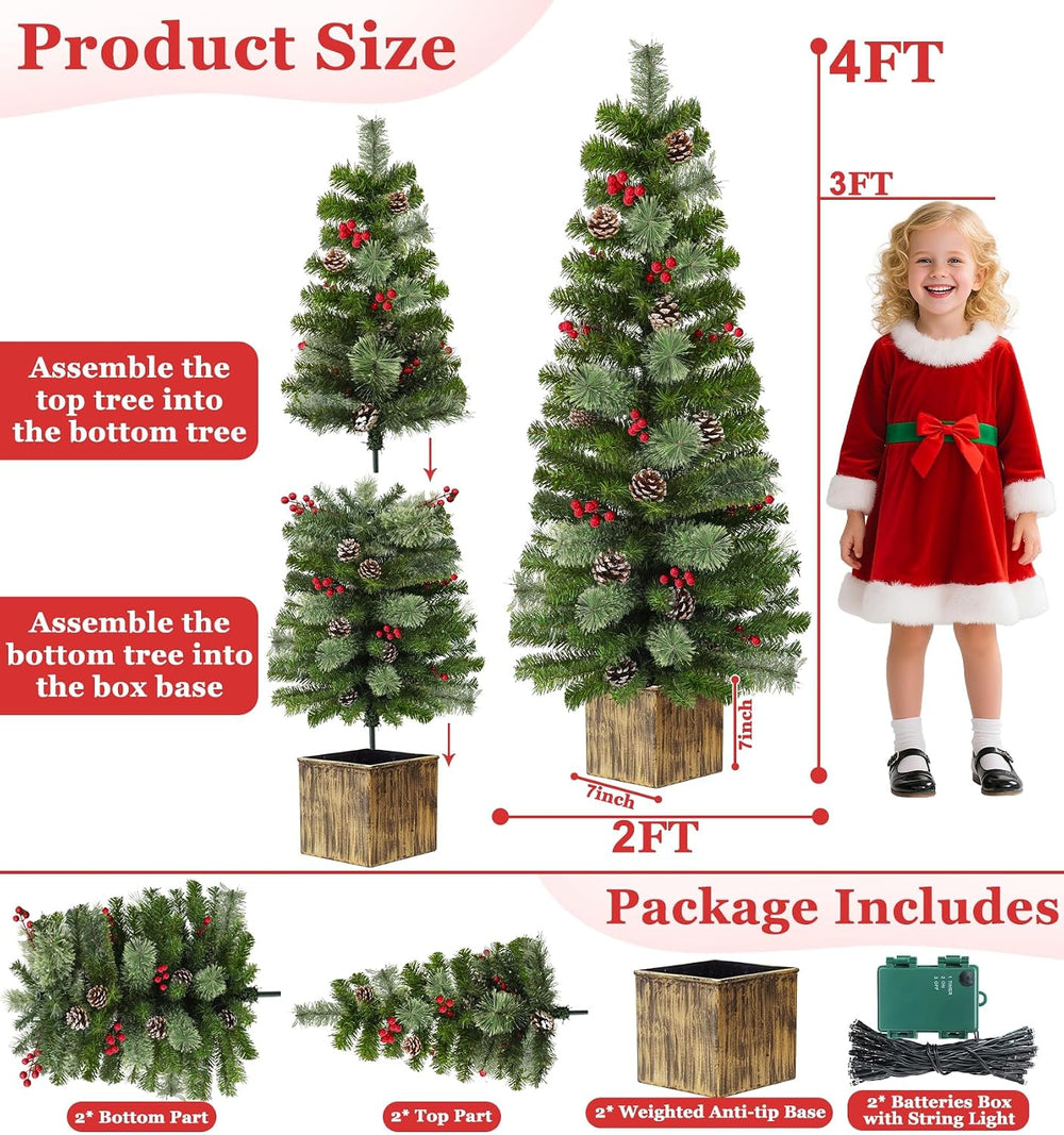 2 Pack 4 Ft Artificial Christmas Entrance Tree with 60 LED Warm White Light