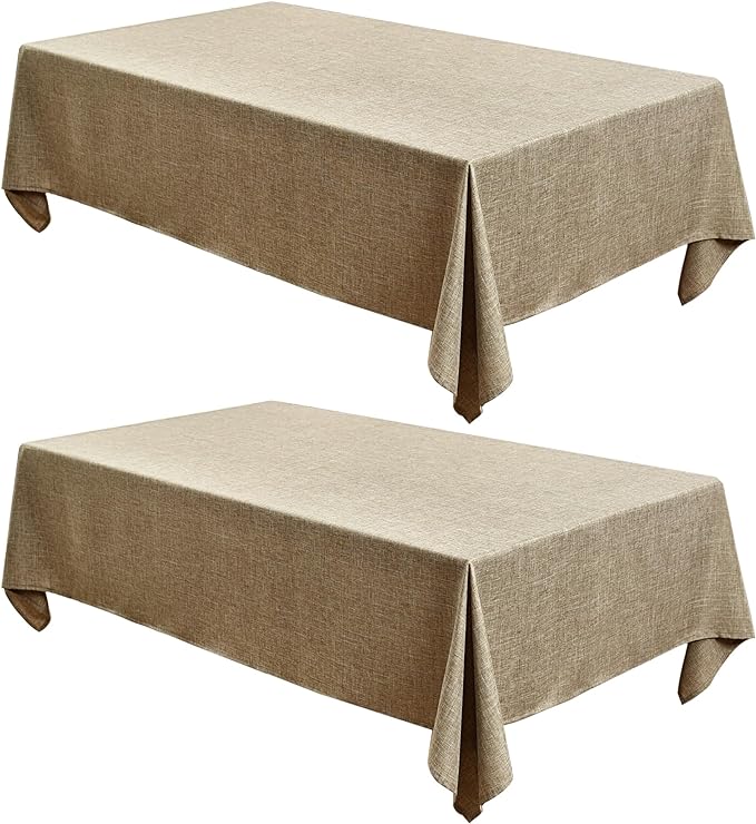 Fitable Faux Linen Table Clothes 60 x 84 Inch - 2 Pack Khaki Tablecloths for Rectangle Tables, Faux Burlap Table Covers for Kitchen Dining, Party, Farmhouse, Baby Shower