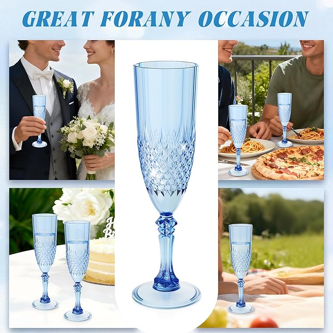 Plastic Champagne Flutes, 24PCS Blue Wine Glasses Goblets Cups Reusable Flute, for Weddings Bachelor Parties Toasting and Events (24, Blue)