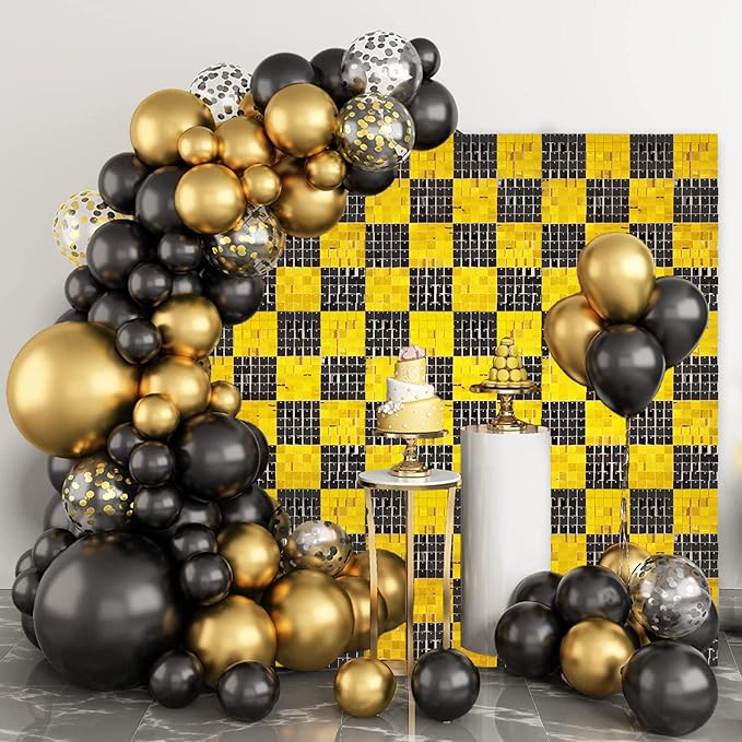 24PCS Black Gold Shimmer Wall Backdrop, Square Sequin Photo Backdrops Panel, Glitter Wall Background for Birthdays, Weddings, Christmas, Engagements, New Years Party Decor (4FTx6FT)