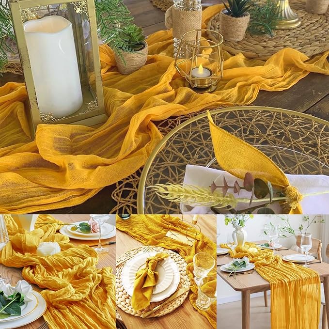 20 Pack Mustard 10FT Cheesecloth Table Runner Rustic Gauze Fabric Cheese Cloth Table Runner for Wedding Bridal Baby Shower Table Decor Boho Sheer Birthday Party Table Decorations 20 x 120 Inch Long