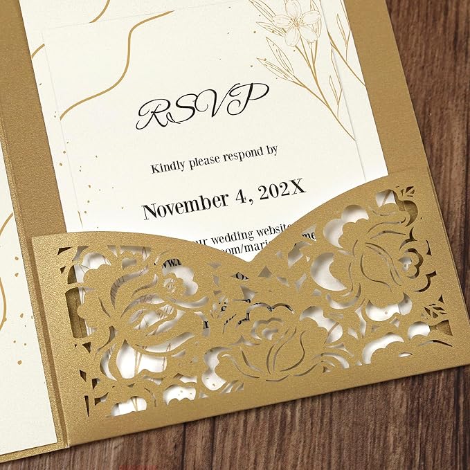 DORIS HOME 50pcs Laser Cut Wedding Invitation Pockets with Envelopes Gold, 5.12" x 7.12"Invitation Cards for Wedding, Anniversary (No Inserts Included)