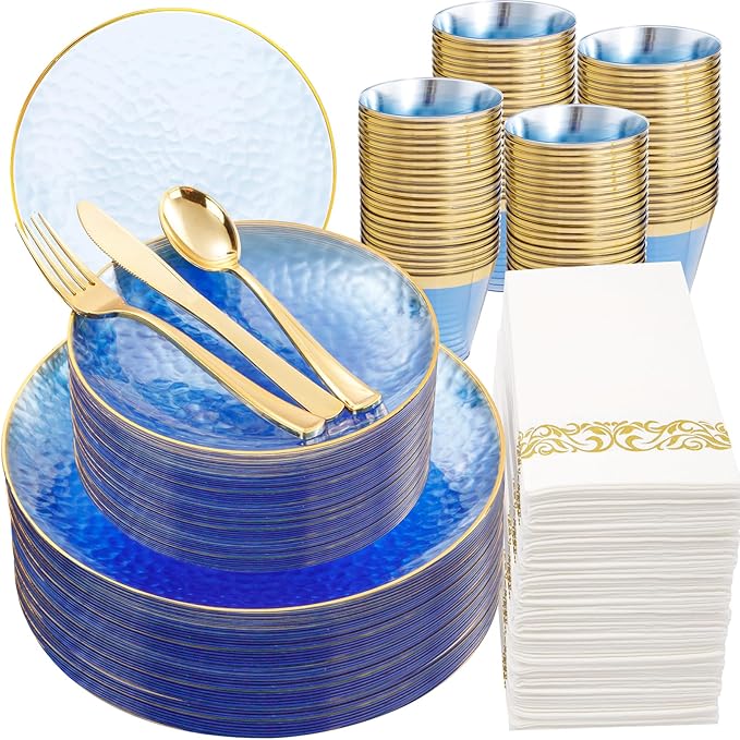 Rubtlamp 350 Pcs Clear Blue Plastic Plates, Blue Gold Plastic Dinnerware Set (50 Guests), Blue Disposable Plates With Gold Rim, Hammered Party Plates Set for Christmas Wedding And Party