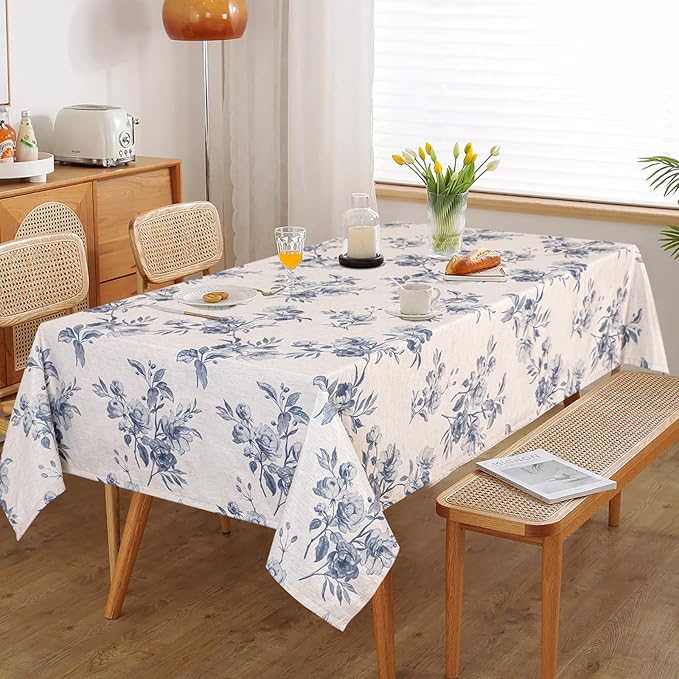 MYSKY HOME Rectangle Tablecloth 60x102 Inches, Linen Farmhouse Tablecloth Waterproof Decorative Fabric Table Cloth for Kitchen Party Floral Tablecloth for 6 Feet Table Blue and Grey Tablecloth