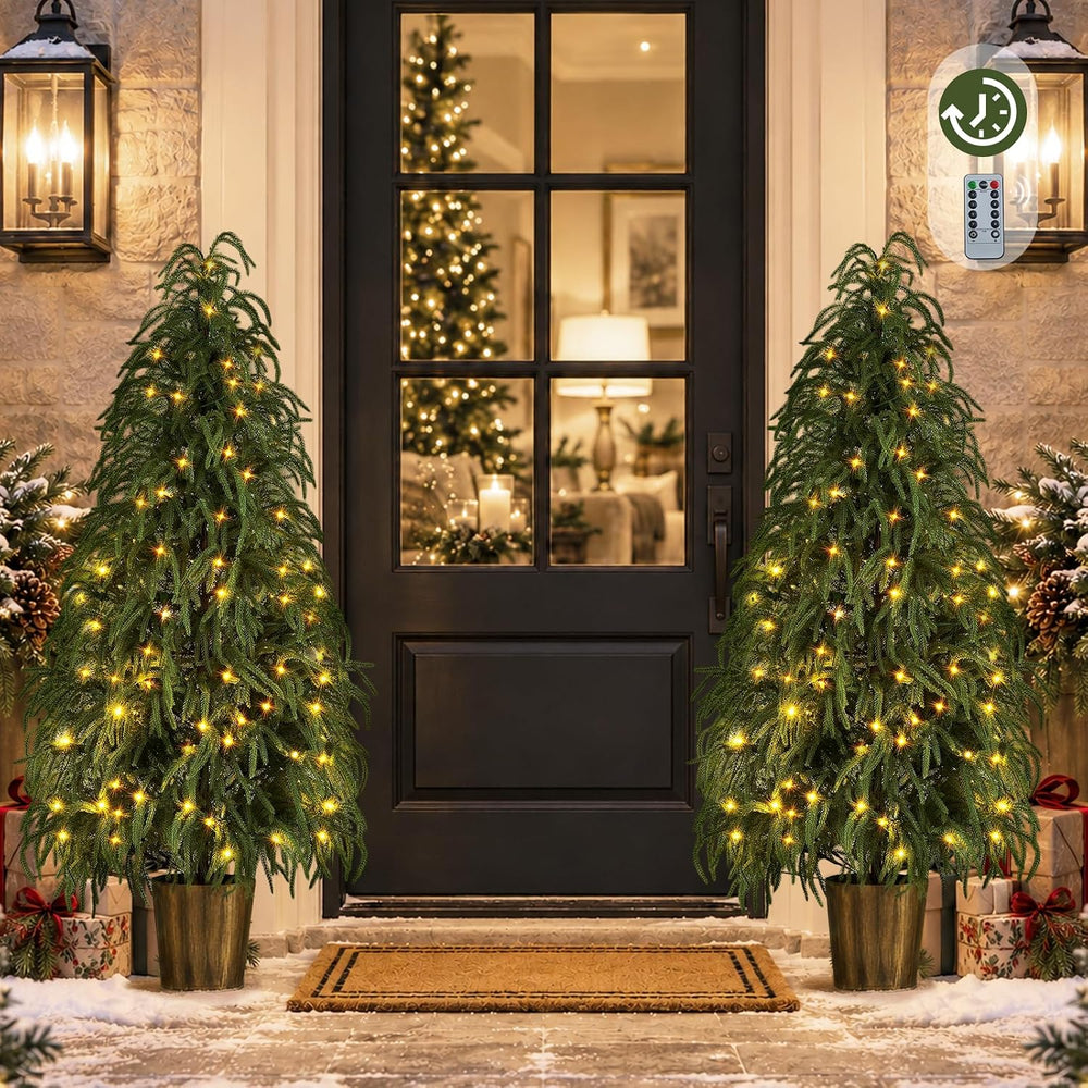 BLOSMON 5 ft Front Porch Christmas Tree, Set of 2, Prelit Norfolk Pine Tree