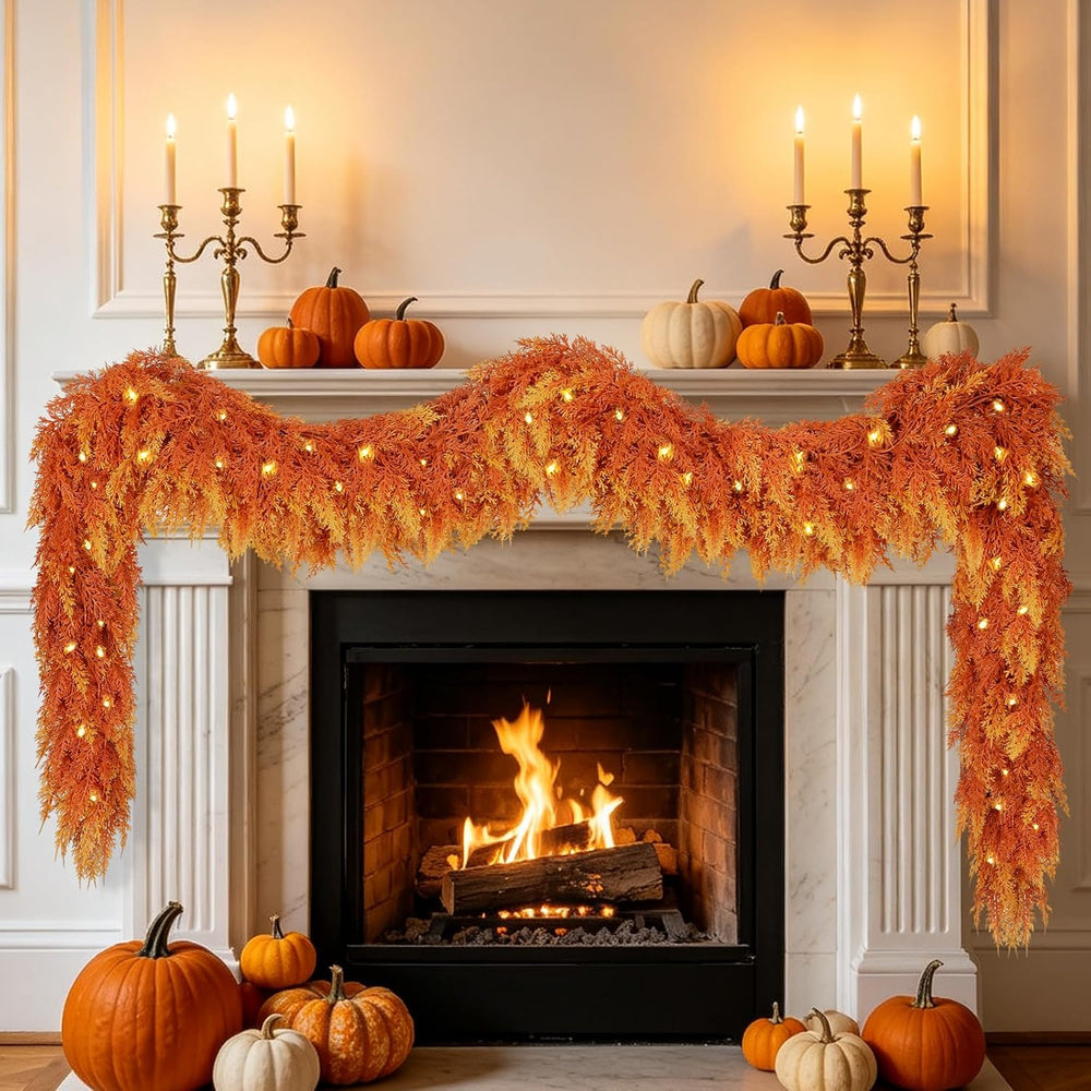 Thanksgiving Decorations, 9 FT Fall Cedar Garland with Lights for Mantle