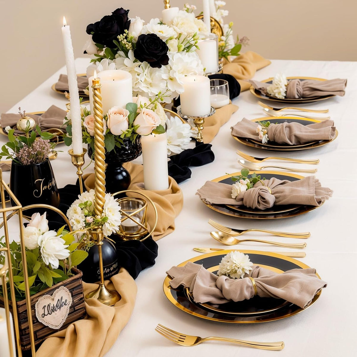 supernal 120-Pack Black and Gold Plastic Plates, 60 Guests Disposable Dinnerware Set (10.25" & 7.5"), Heavy Duty Elegant Party Plates for Graduation 2026, Wedding & Birthday