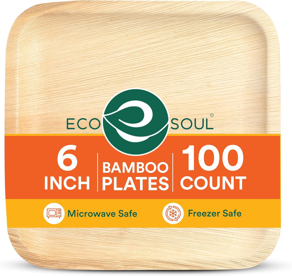 ECO SOUL 6 Inch Disposable Bamboo Plates (100 Pack, Square)