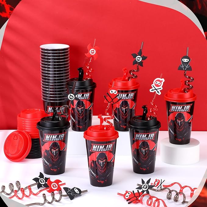 Yungyan 36 Sets Ninja Party Favors Goodie Cups with Lids and Straws for Birthday Decorations Reusable 16oz Plastic Candy Cups Plastic Straws for Birthday Party (Ninja)