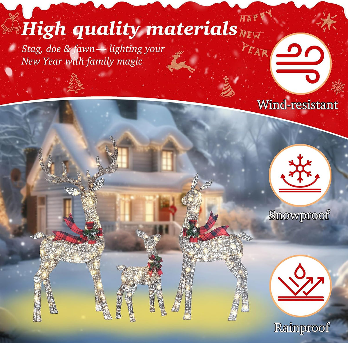 58 Inch 3D Woven Large Lighted Christmas Deer Decorations 3-Piece Outdoor Holiday Decorations Reindeer Set with 210 Warm White LEDs, Large Yard Display for Garden, Storefront