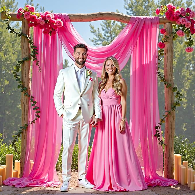 Wedding Arch Draping Fabric,1 Panel 18FT Hot Pink Sheer Chiffon Curtain Drapes 6 Yards for Wedding Ceremony Birthday Party Decoration
