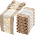 Xinnun 6 Pcs Burlap Table Runner with Lights 12 x 108 Inches Burlap Lace Table Runner Rustic Wedding Decorations Home Party (Flower)