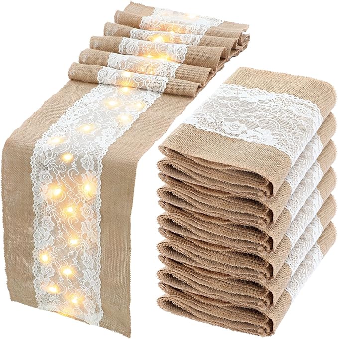 Xinnun 6 Pcs Burlap Table Runner with Lights 12 x 108 Inches Burlap Lace Table Runner Rustic Wedding Decorations Home Party (Flower)