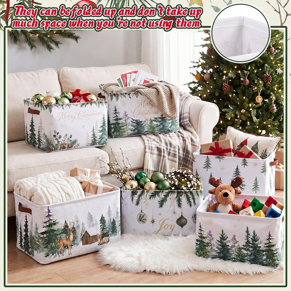 6 Pcs Christmas Tree Storage Bins with Handles, Green Pine Gift Baskets