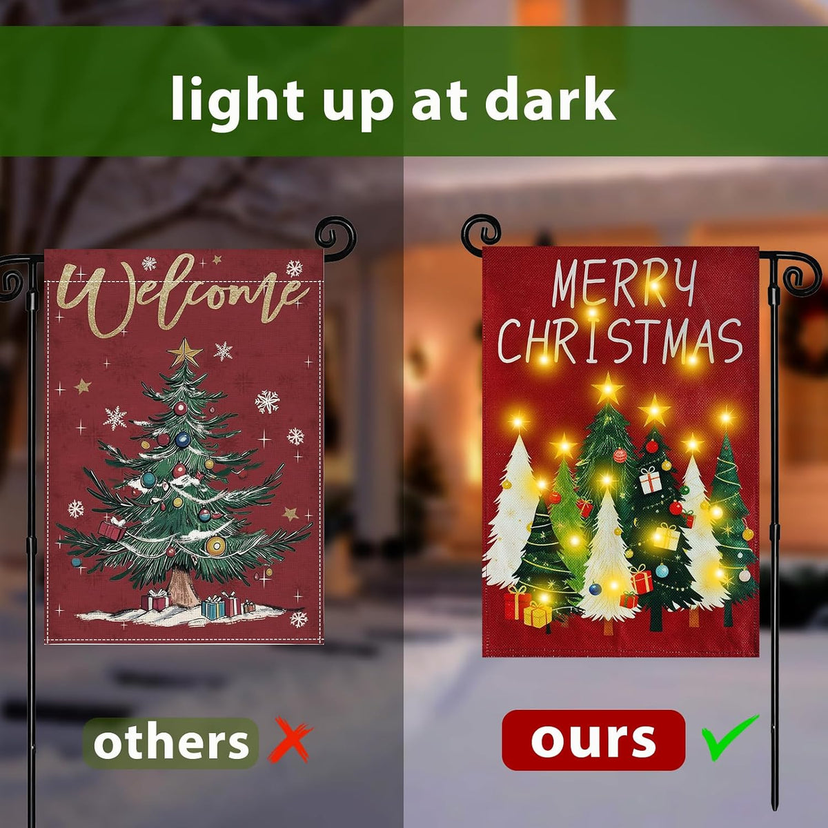 lighted christmas garden flag for outside, xmas tree, close-up detail