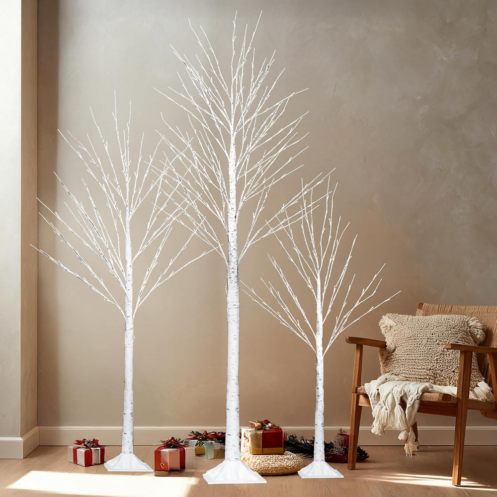 Set of 3 Lighted Birch Tree, 4FT 6FT 8FT White Artificial Christmas Tree with...