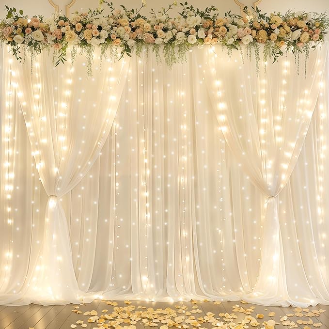 10x10ft Ivory Chiffon Backdrop Curtain with Lights String for Wedding Parites, Sheer Photo Backdrop Curtains for Baby Shower Bridal Shower Birthday Party Ceremony Reception