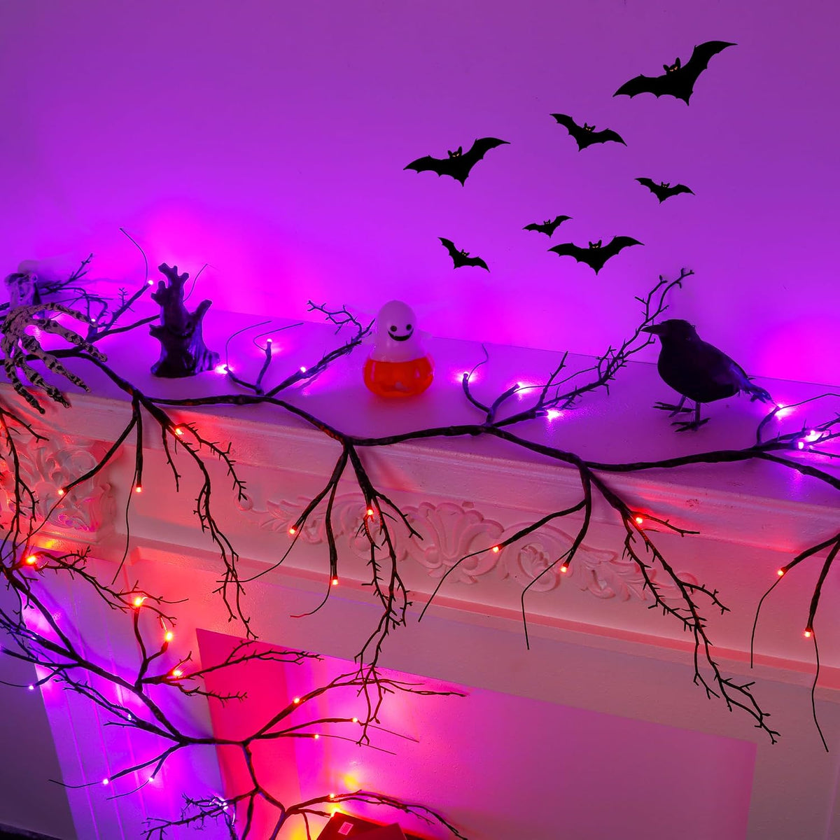 9 FT 72 LED Willow Vine Twig Decor Black Halloween Garland with Orange Purple Lights, Timer 8 Modes Waterproof Battery Operated Indoor Halloween Decorations for Wall Fireplace Mantle Home Office Decor