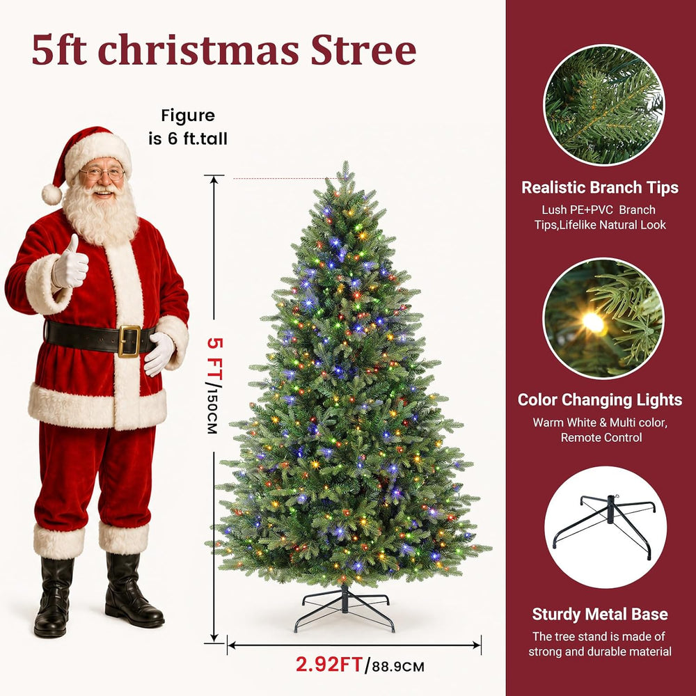 Alupssuc 5ft Prelit Artificial Hinged Fir Christmas Tree with Color Lights
