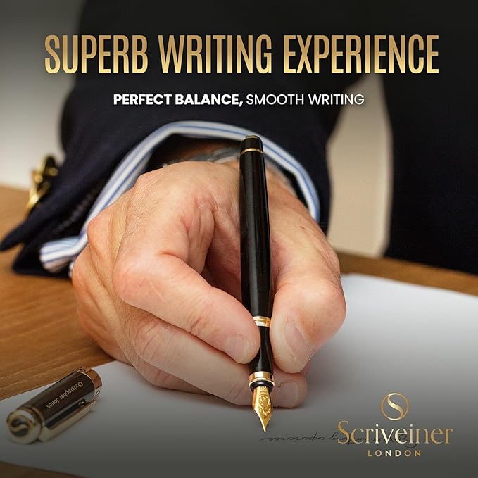 Scriveiner Personalized Black Fountain Pen - Stunning Luxury Pen, Jet Black Lacquer, Real Gold Plating, German Schmidt Nib (Medium), Best Engraved Gift Set for Men & Women, Name Engraving