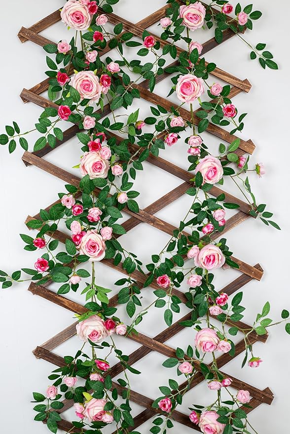 6FT Pink Flower Garland Artificial Rose Vines Hanging Floral Garland for Home Decor Wall Trellis Fence Wall Decoration (Pink 2pcs)