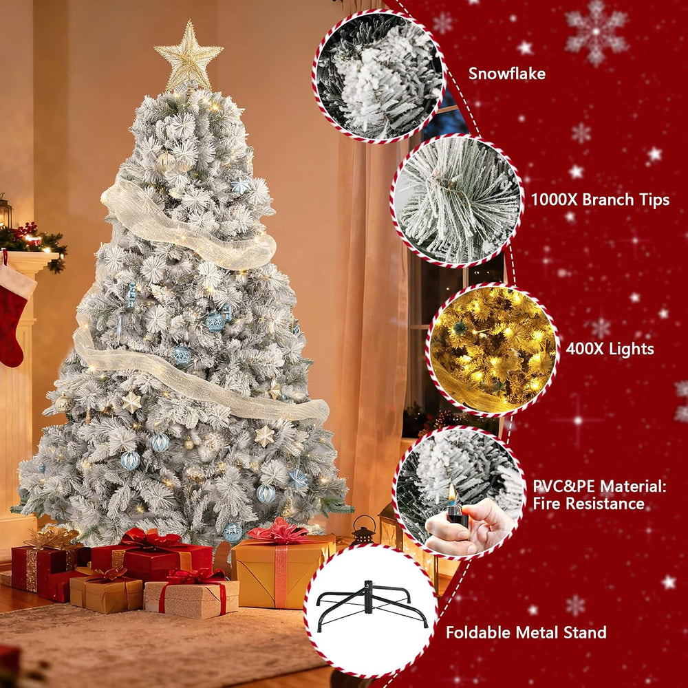 7ft Snow-Flocked Artificial Christmas Tree, LED pre-lit Holiday Xmas Tree for...