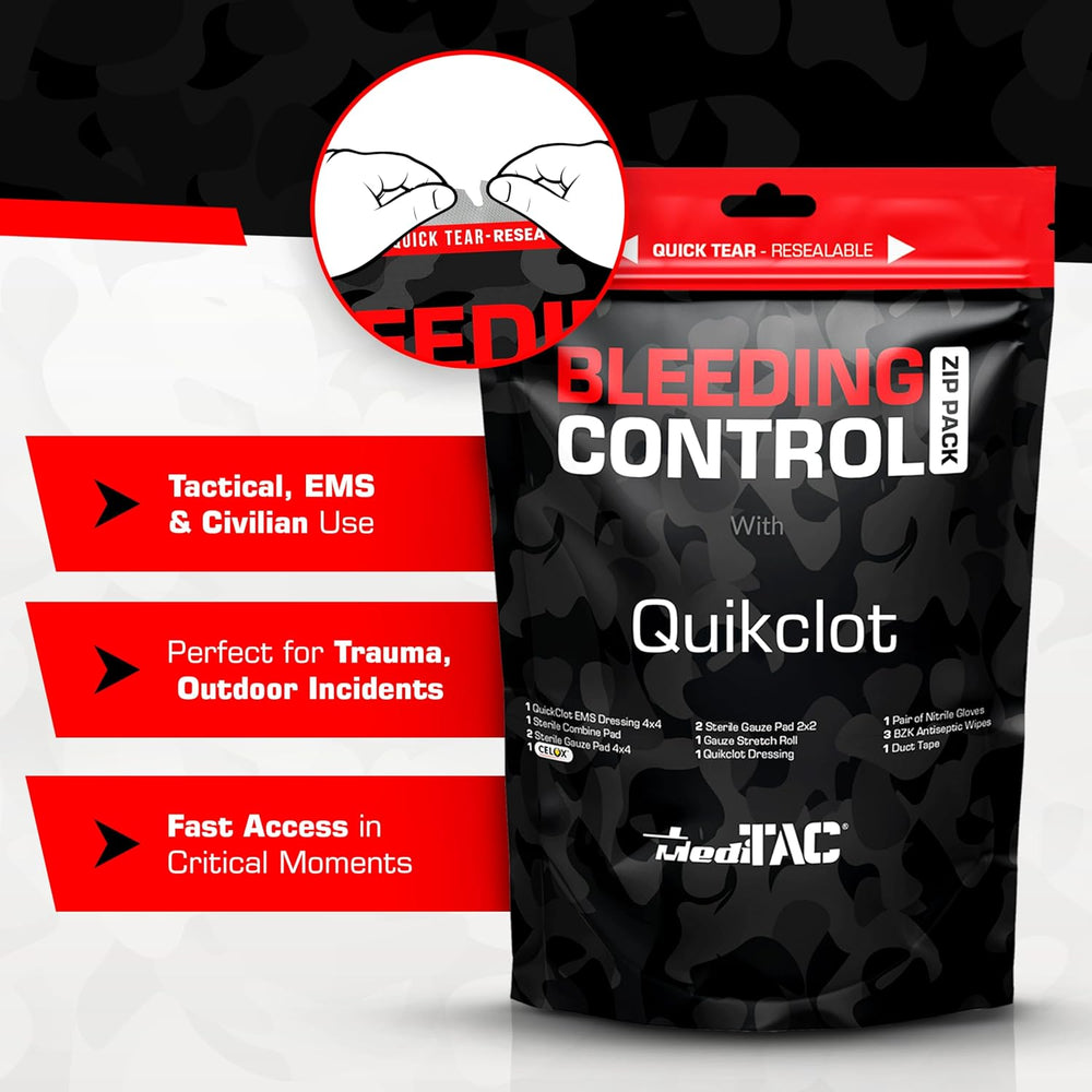 Bleeding Control Zip Pack with QuikClot, Celox, Gauze Pads, Triangular Bandag...