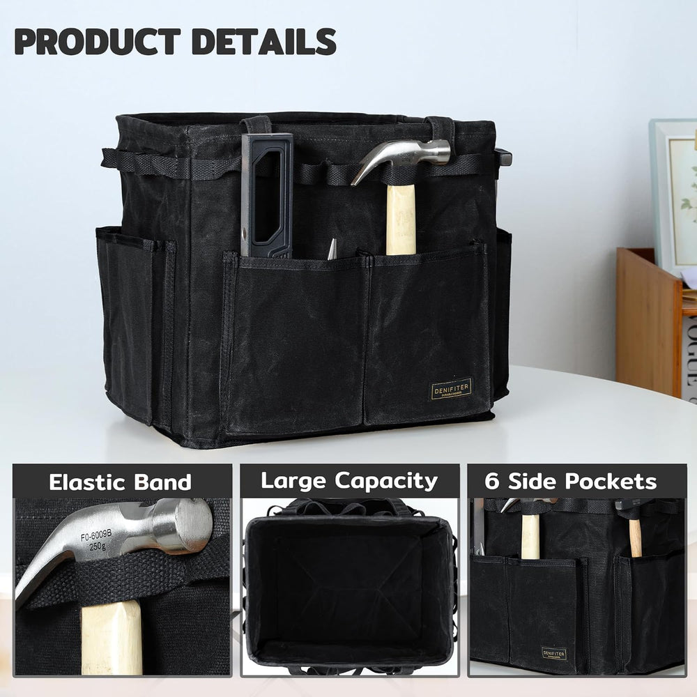 Durable Waxed Canvas Tool Tote Bag, Foldable Open Top Organizer with Metal Fr...