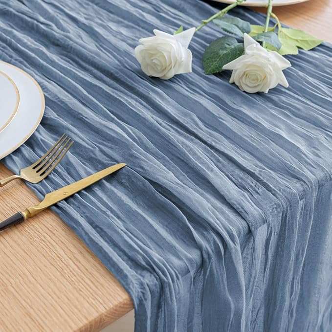 Asee'm Cheesecloth Table Runner 120 Inches Dusty Blue Boho Gauze Cheese Cloth Runner 10FT Rustic Sheer Dining Table Runners for Fall Thanksgiving Wedding Baby Shower Decoration