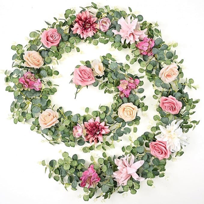 Waipfaru 8.85Ft Flower Garland, Eucalyptus Greenery Garland with Flowers, Pink Rose Floral Vines for Wedding Reception Table Mantle Room Spring Summer Decor (Pink)