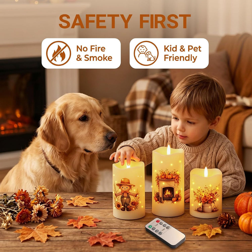 Fall Fiber Optic Flameless Pillar Candles with Remote Set of 3