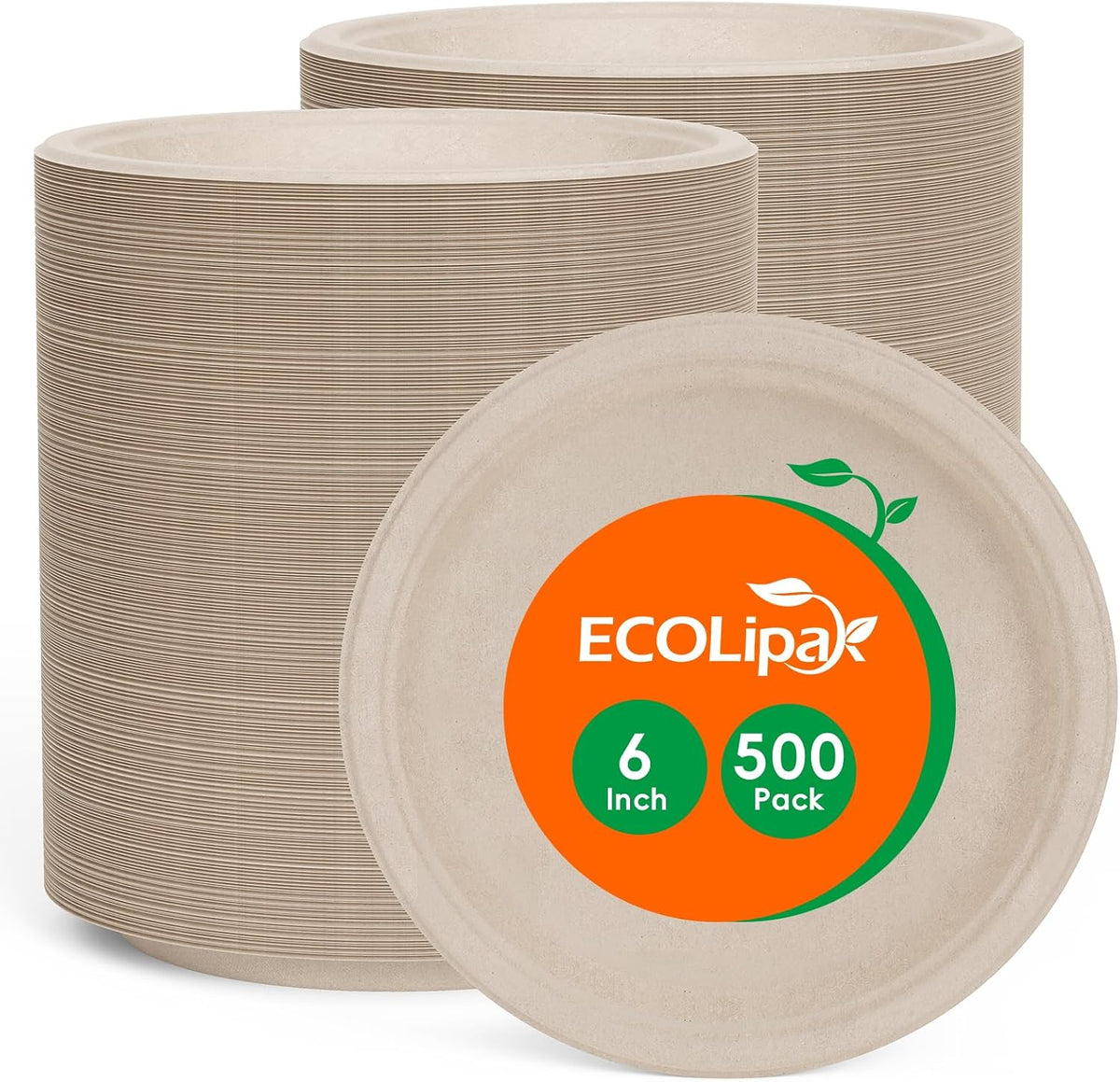 ECOLipak 6 in 500 Pack Natural Disposable Compostable Dessert Paper Plates